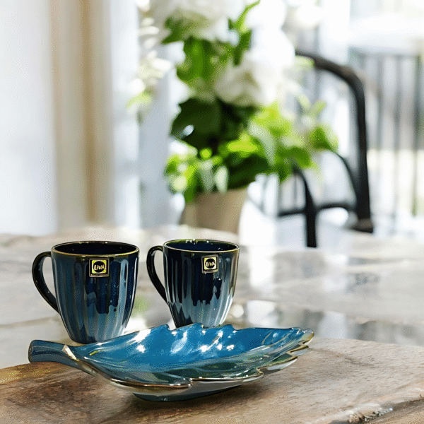 Chai Time Elegant Blue Cups and Leaf Tray
