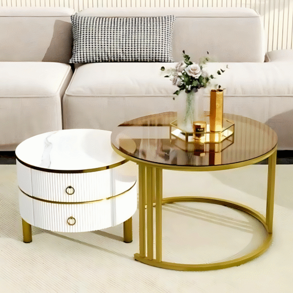Luxe White and Golden Nested Centre Table with Drawers