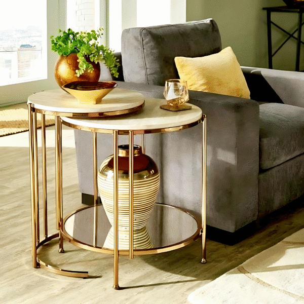 Nested Corner Table Stone and Mirror Powder Coated