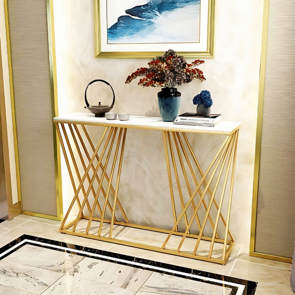 Linear Geometric Metal White Top Console Table Powder Coated